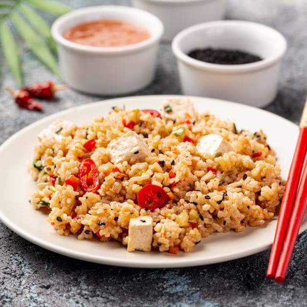 A plate of Indian fried rice with paneer, red peppers, and black sesame seeds, with red chopsticks.