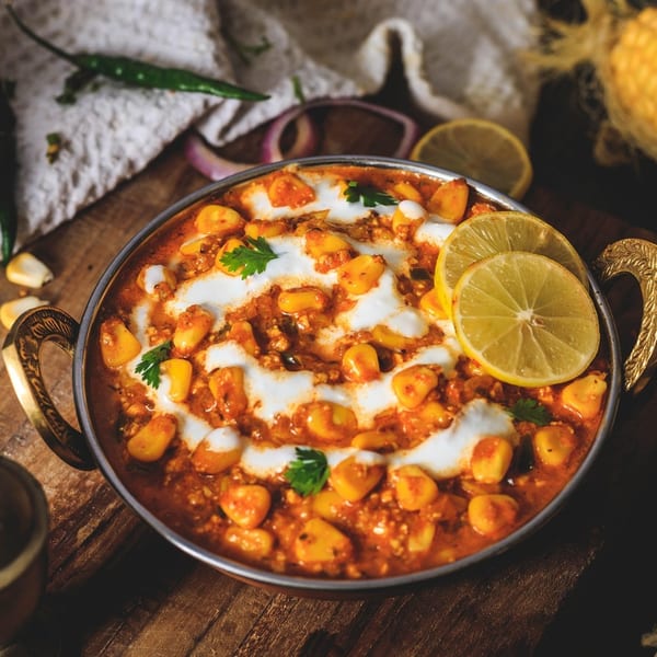 Indian corn curry, garnished with cream, cilantro, and lemon slices, in a bronze bowl on a wooden table.