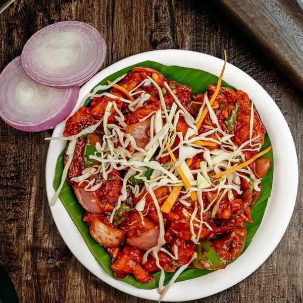 Spicy Indian chicken dish with red sauce, onions, and shredded cabbage on a banana leaf.