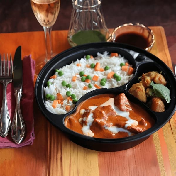 India Gate's Indian meal with butter chicken, rice, vegetables, and appetizers in a black tray.