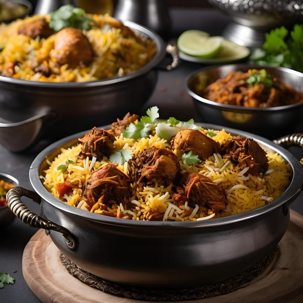 Close-up of chicken biryani in a metal pot, garnished with cilantro, with other dishes in the background.